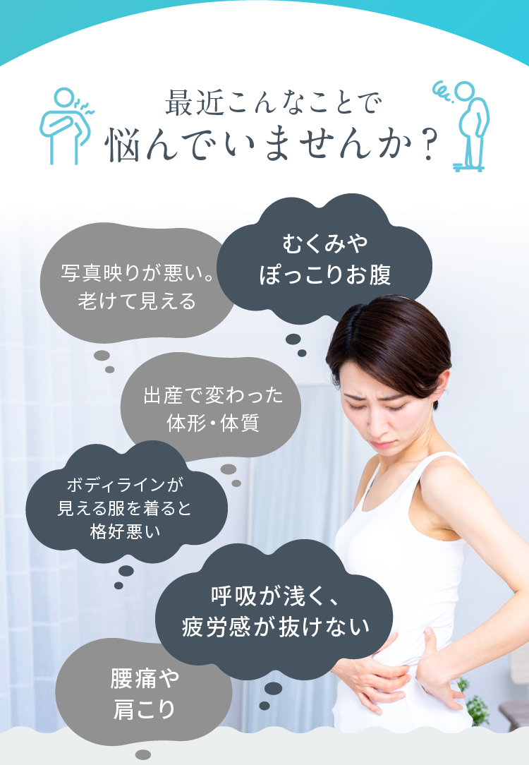 最近こんなことで悩んでいませんか？ 写真映りが悪い。老けて見える むくみやぽっこりお腹…